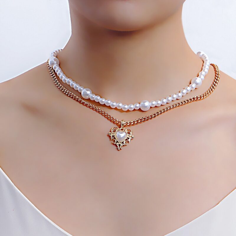 Minimally Designed French Double-layer Layered Heart-shaped Necklace For Women With Niche Design, Pearl Contrasting Necklace, Sweet Collarbone Chain