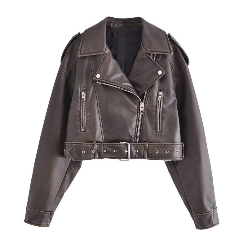 Washed Leather Motorcycle Jacket Women - Image 6