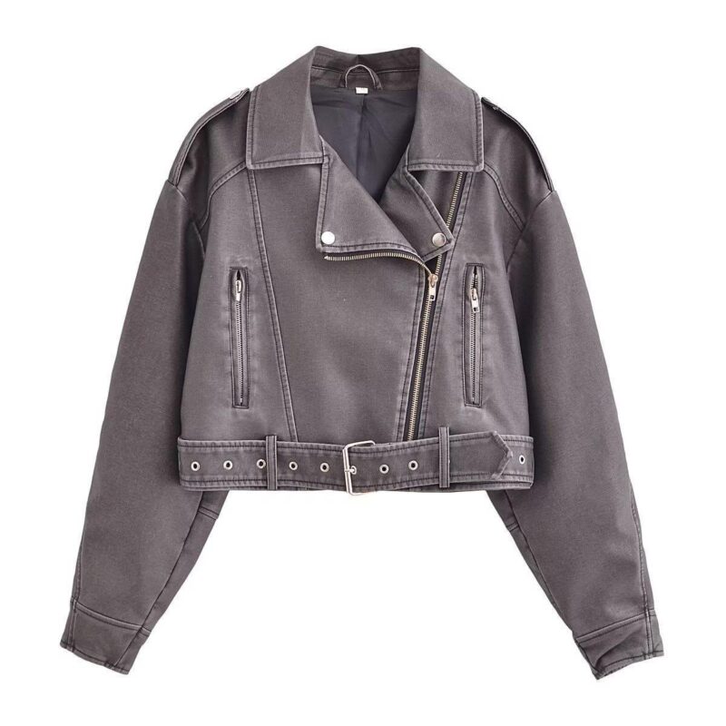 Washed Leather Motorcycle Jacket Women - Image 9