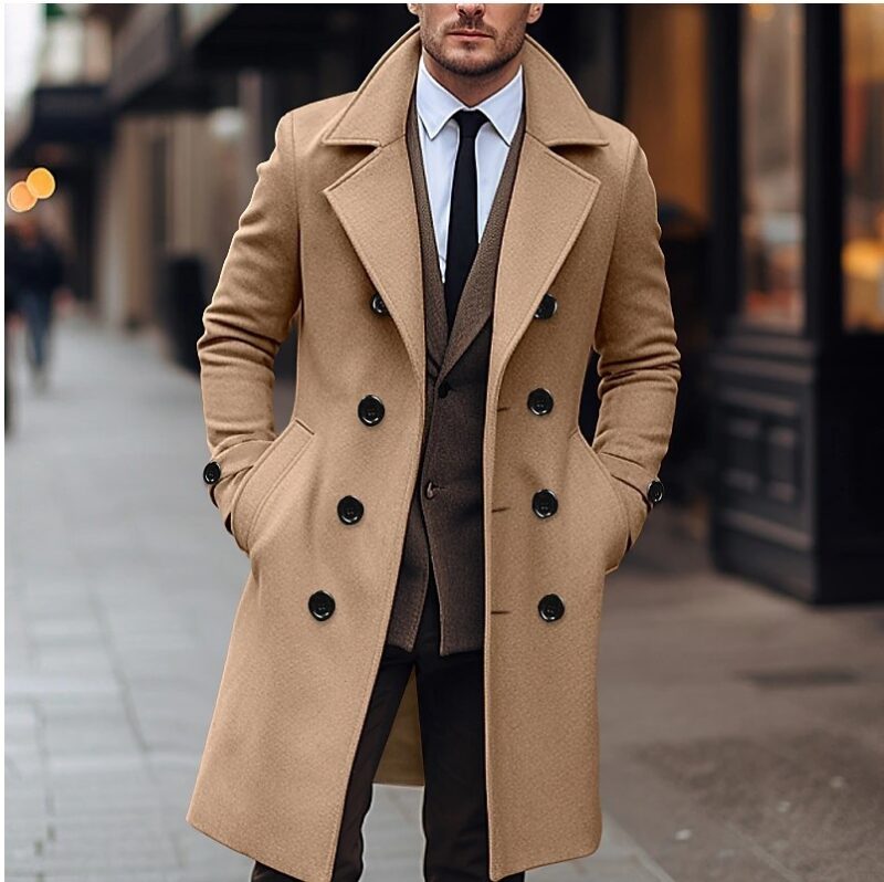 Fall Winter Men Woolen Coat Double Breasted Long - Image 4