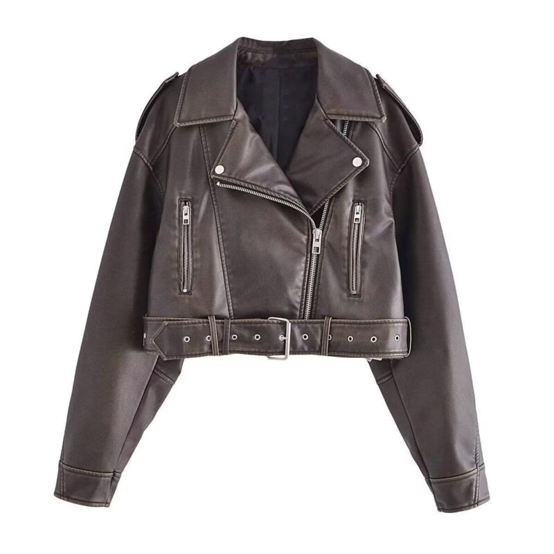 Washed Leather Motorcycle Jacket Women - Image 5