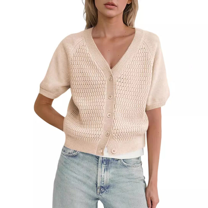 V-neck Hollow Short Button Down Puff Sleeve Shirt - Image 2