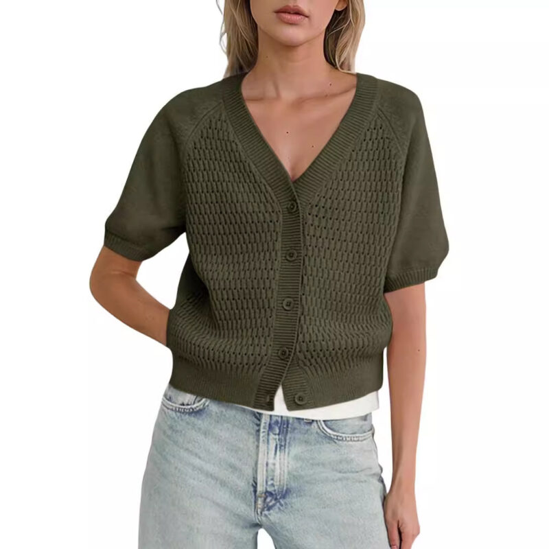 V-neck Hollow Short Button Down Puff Sleeve Shirt - Image 4